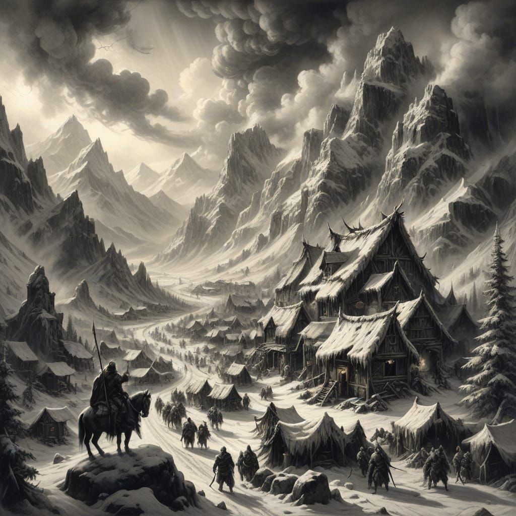 Epic Fantasy Village in Chiaroscuro Charcoal Style
