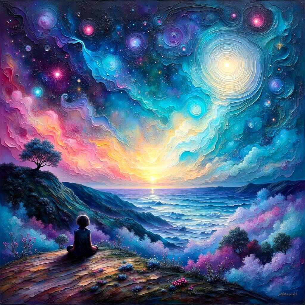 Surreal Impasto Anime: Stargazer in Dystopian Dreamscape