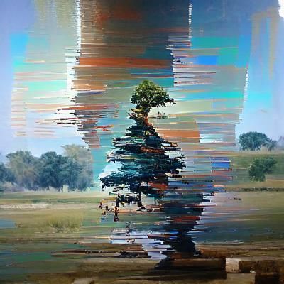 Glitchy Tree in Digital Oil Painting Style