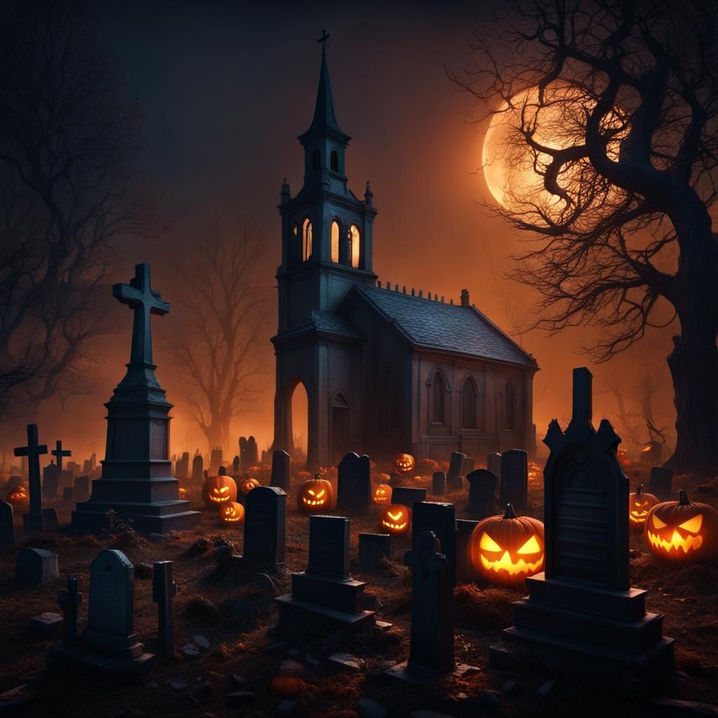 Eerie Spectres Haunt Graveyard in Detailed Matte Painting