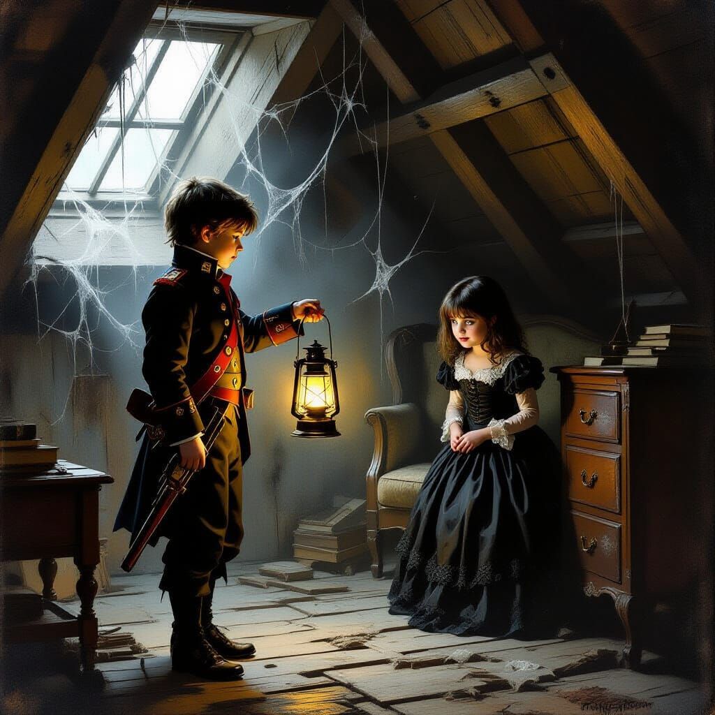Dark Fantasy Attic Scene: Boy with Lantern Meets Vampire Gir...