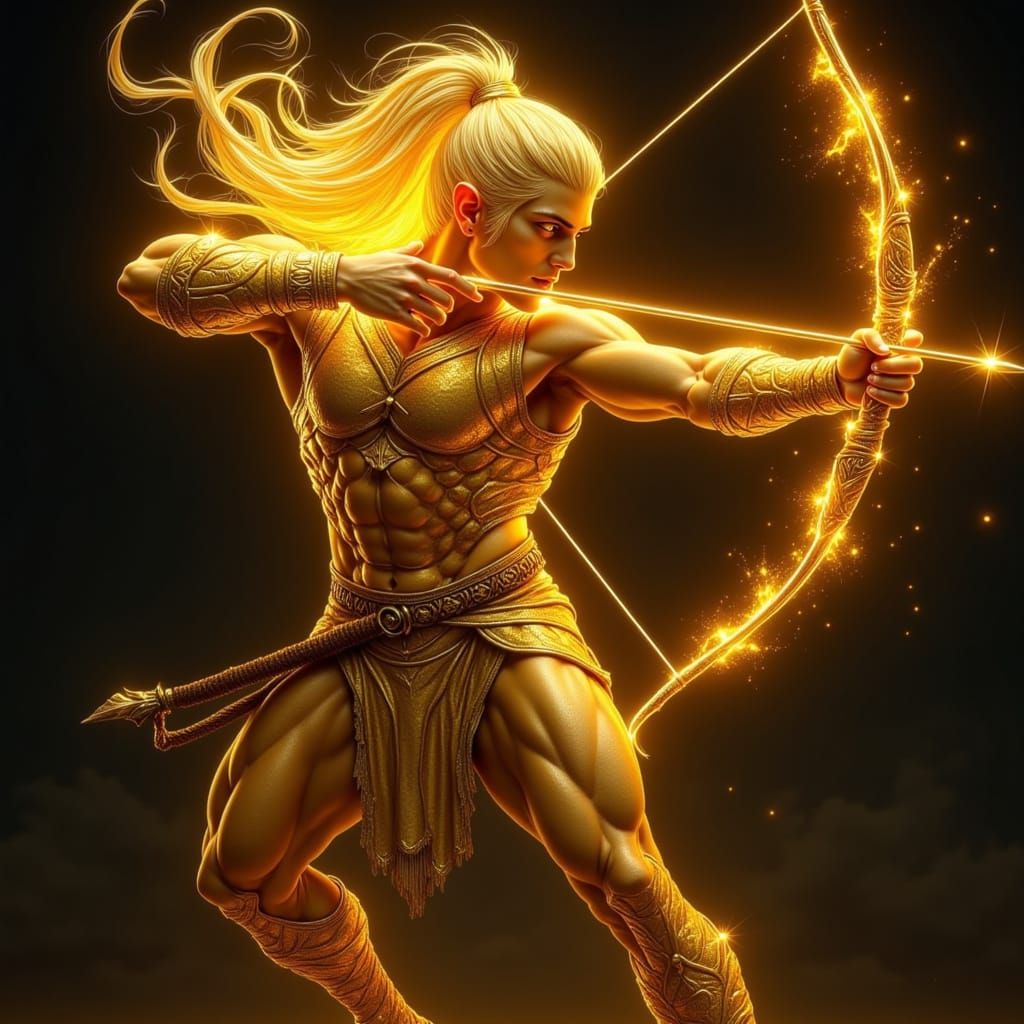 Golden Elf Archer With Divine Aura, Painterly Realism