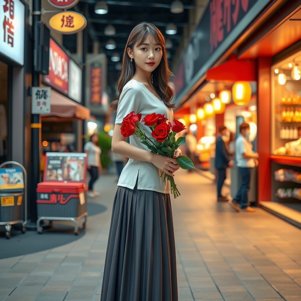 Japanese Student with Roses in Street Market Photo