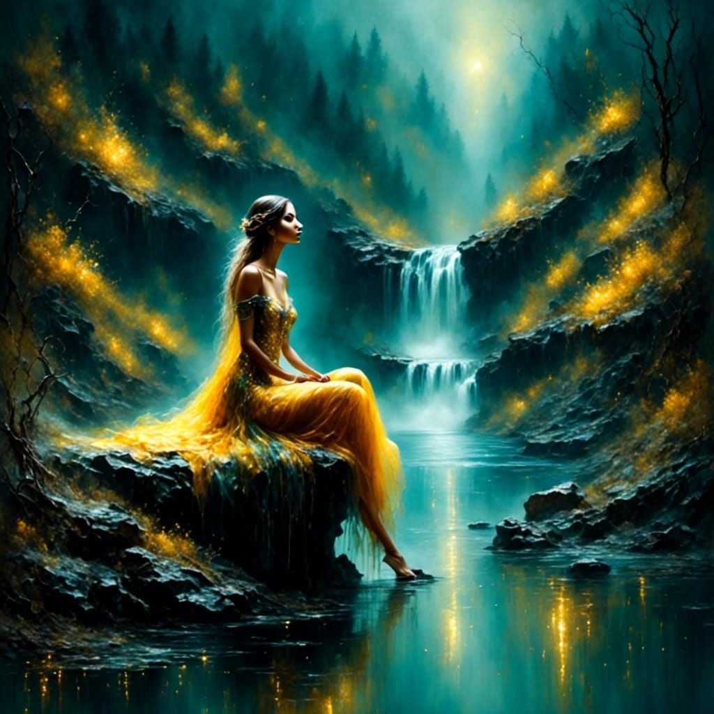 Slender Fairy at Waterfall in Misty Twilight