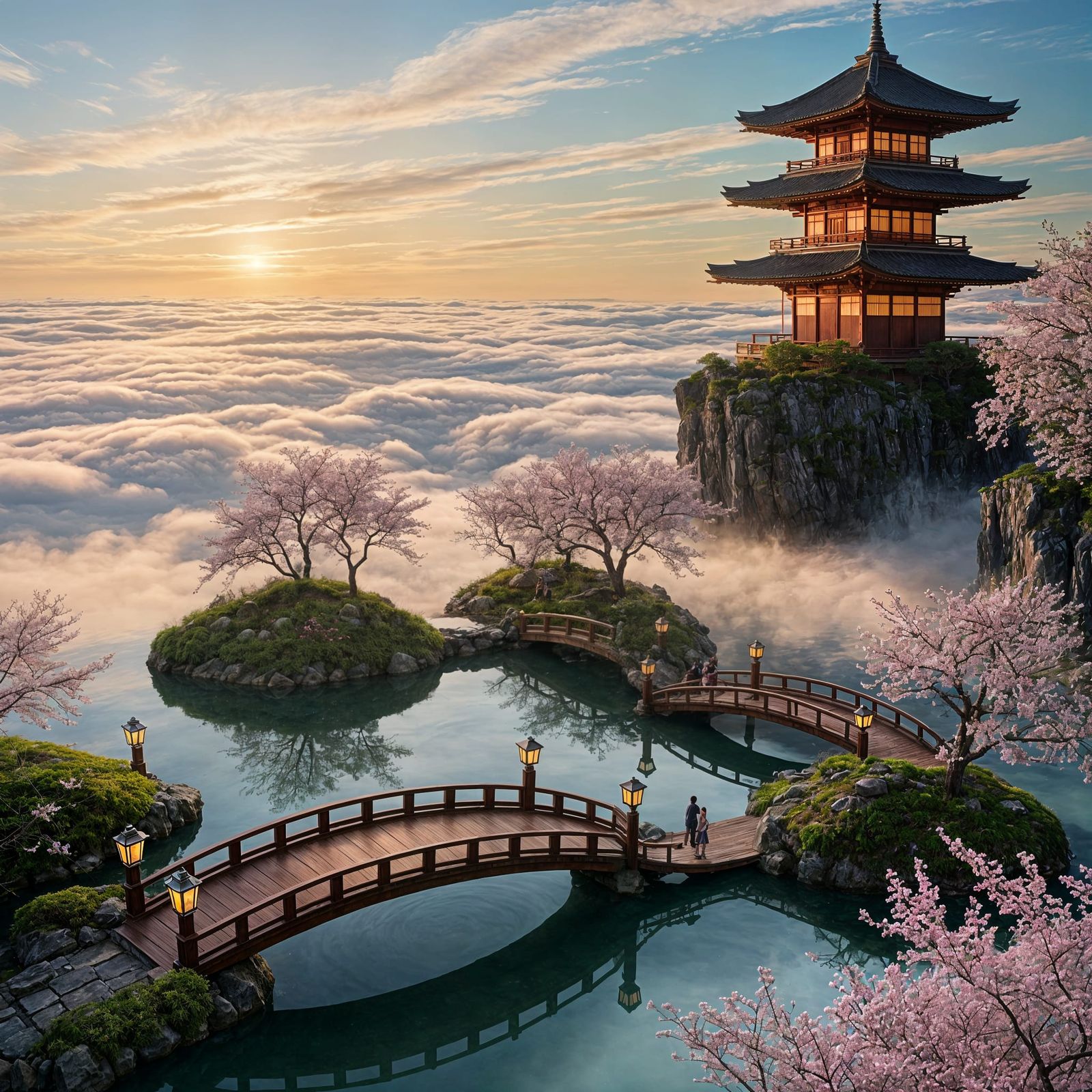 Majestic Floating Japanese Garden Above Clouds at Sunset
