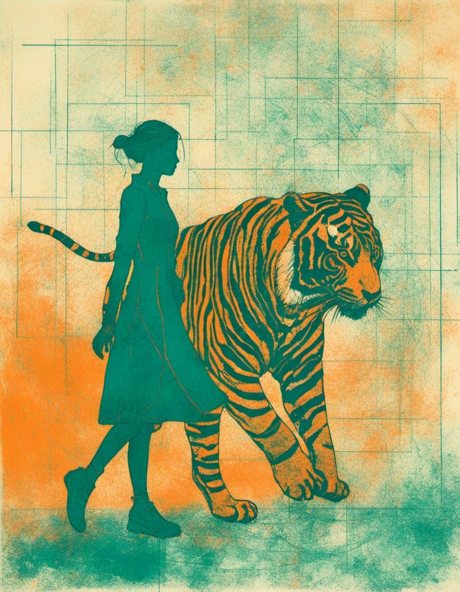 Woman and Tiger in Minimalist Sci-Fi Style
