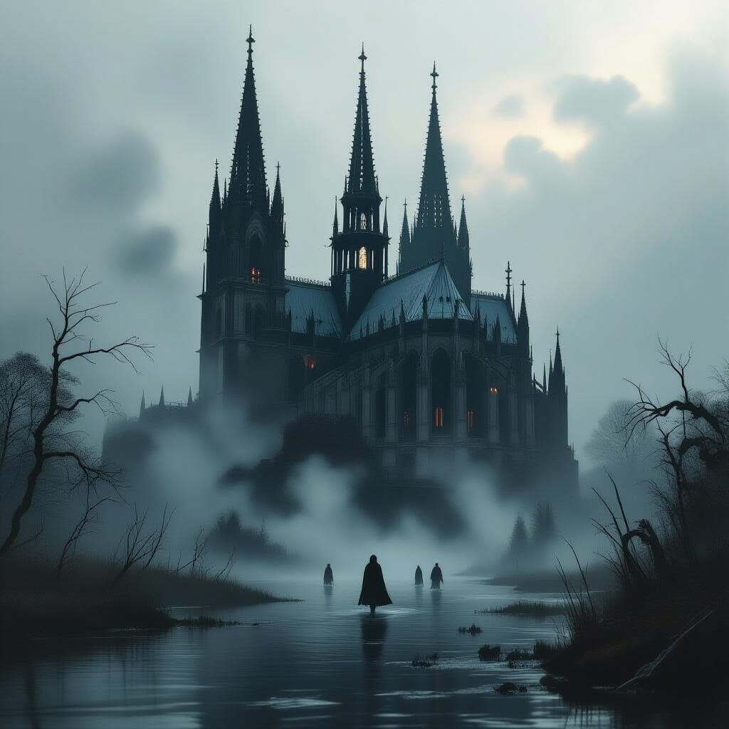 Gothic Cathedral in Misty Swamp with Spectral Figures