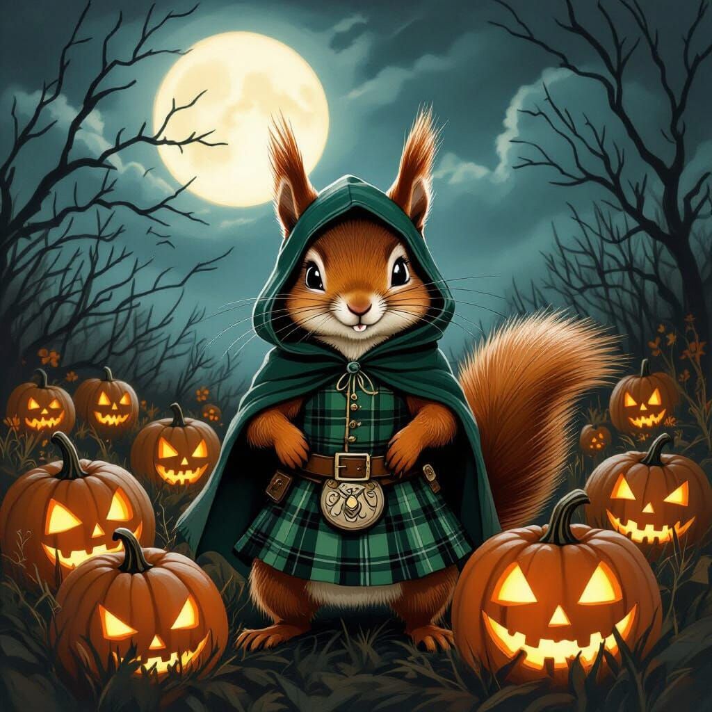 Winking Scottish Squirrel in Tartan Kilt with Spooky Pumpkin...
