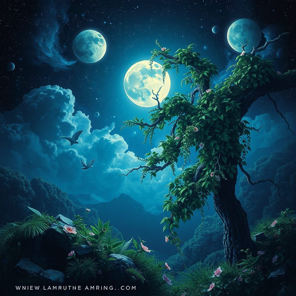 Astral Nightscape: Holographic Illustration in Cosmic Style