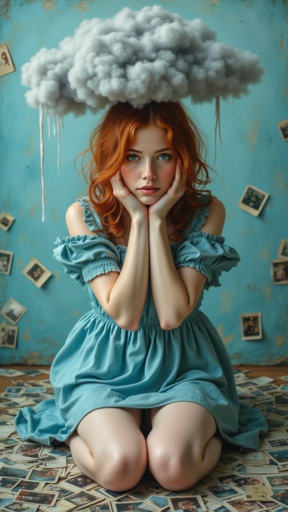 Tearful Woman in Blue Dress with Cloud Overhead