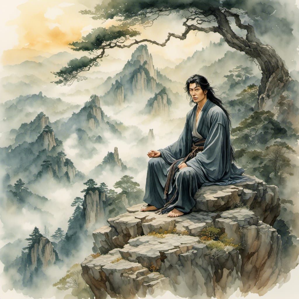 Meditating Martial Artist on Mountain Top