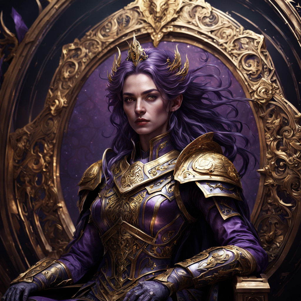 Hyperrealistic Warrior Queen Sits on Throne in Rich Dark Fan...