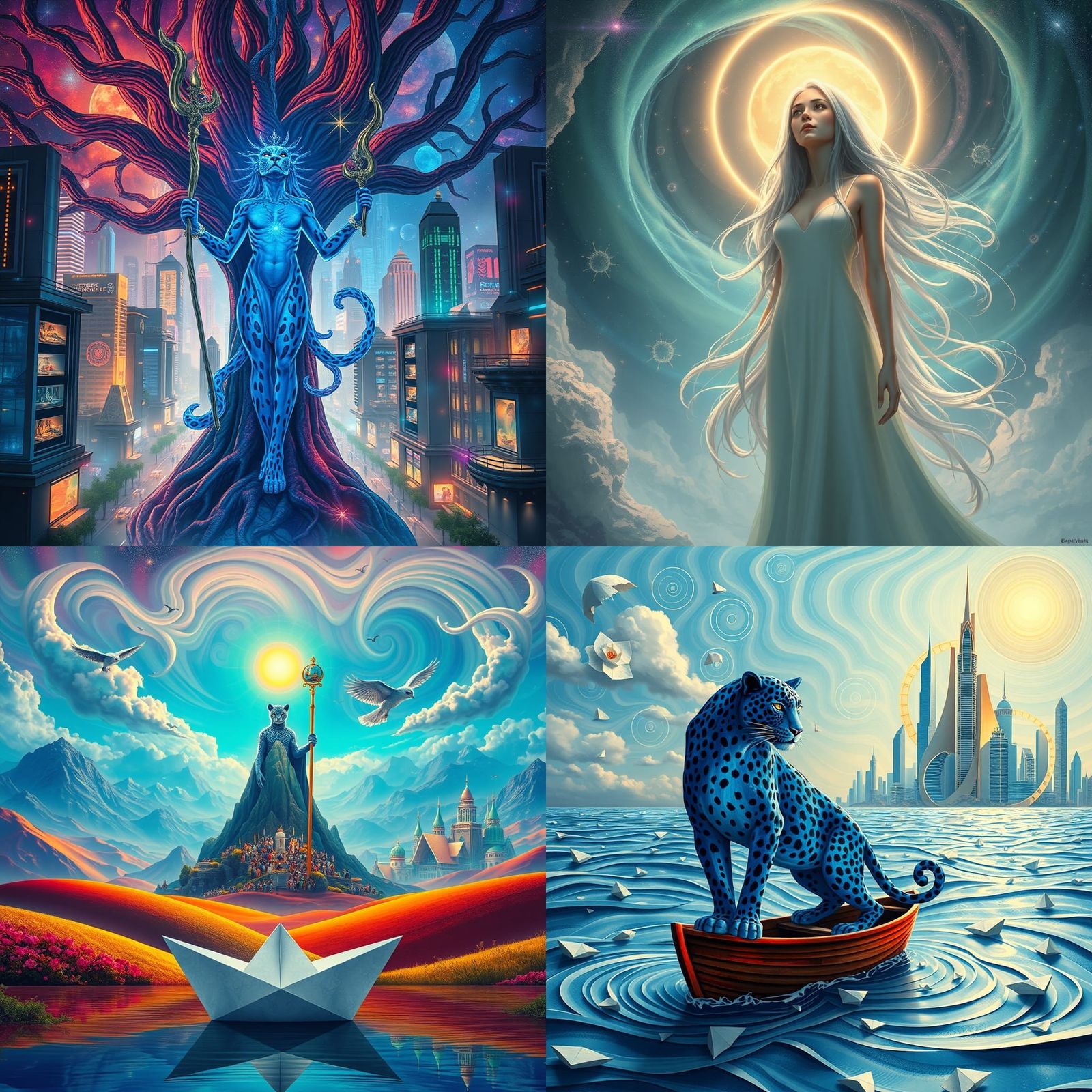 Surreal Earth with Sun, Leopard, and Owl God