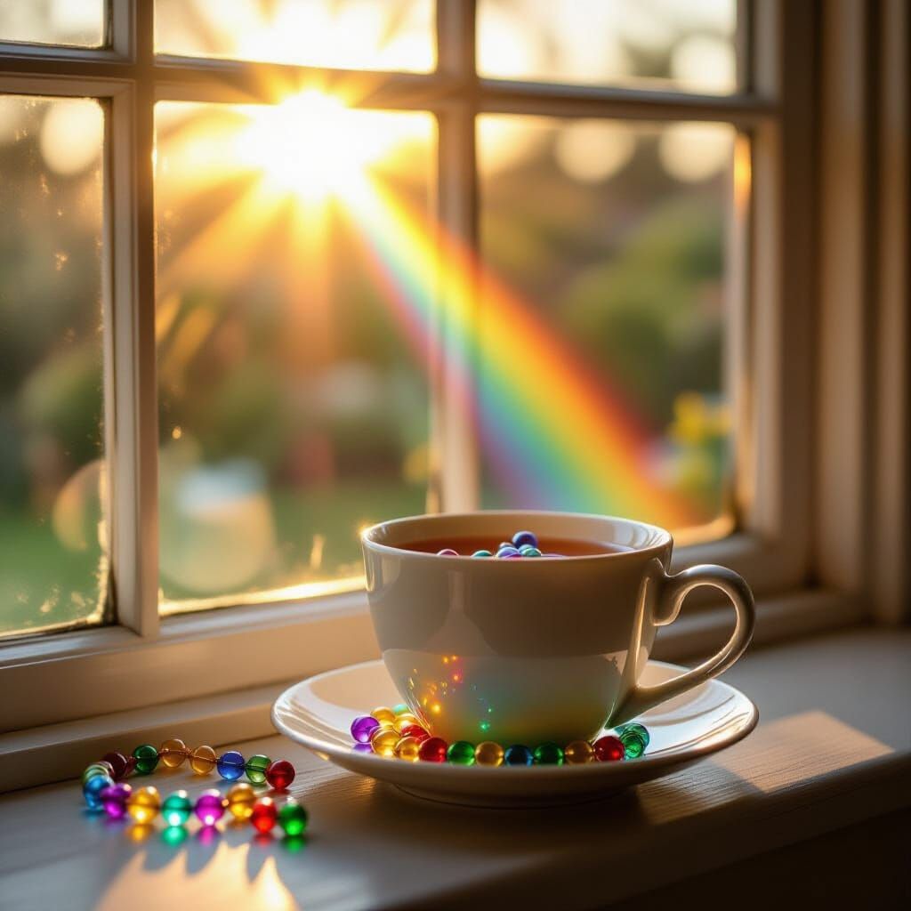 Rainbow Beads Overflowing from Teacup on Windowsill