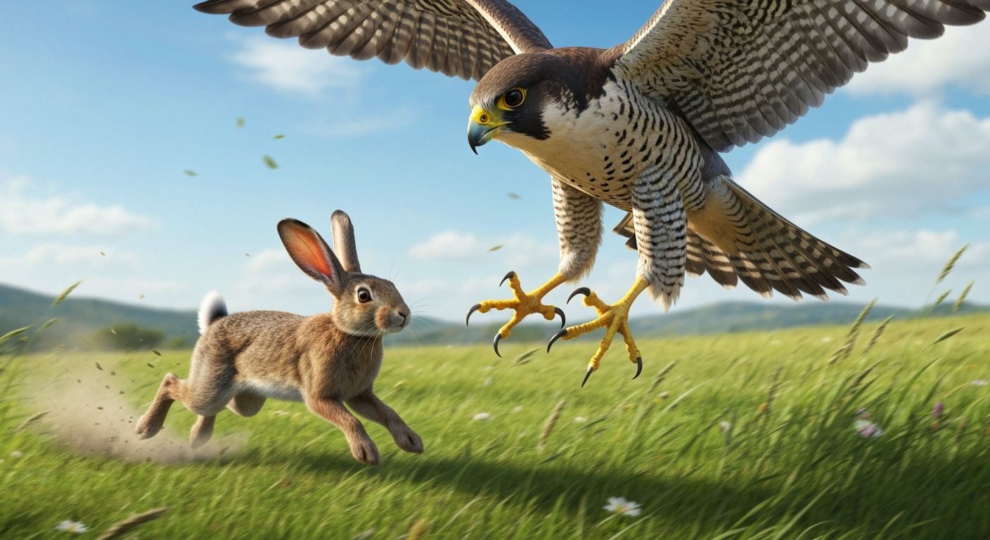Peregrine Falcon Hunts Rabbit in Cinematic Meadow Scene