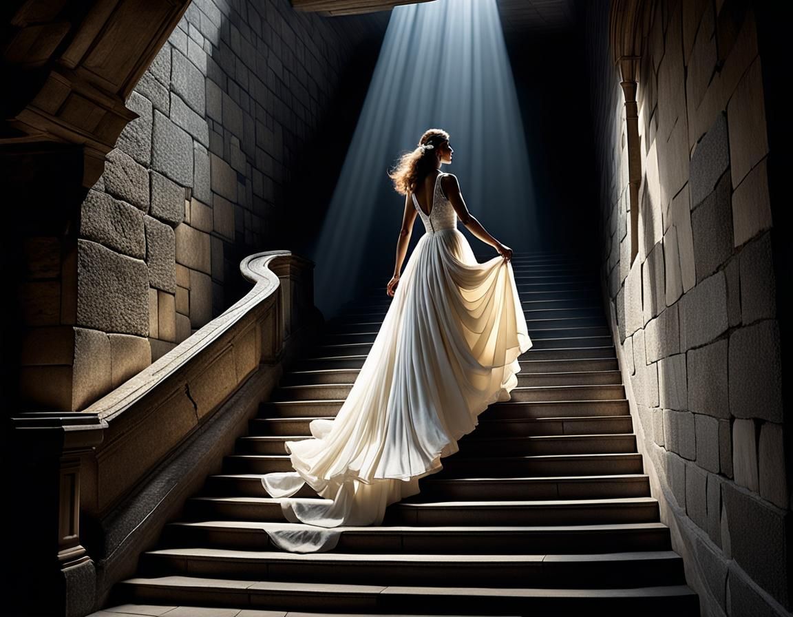 Elegant Woman Descends Staircase in Dramatic Light