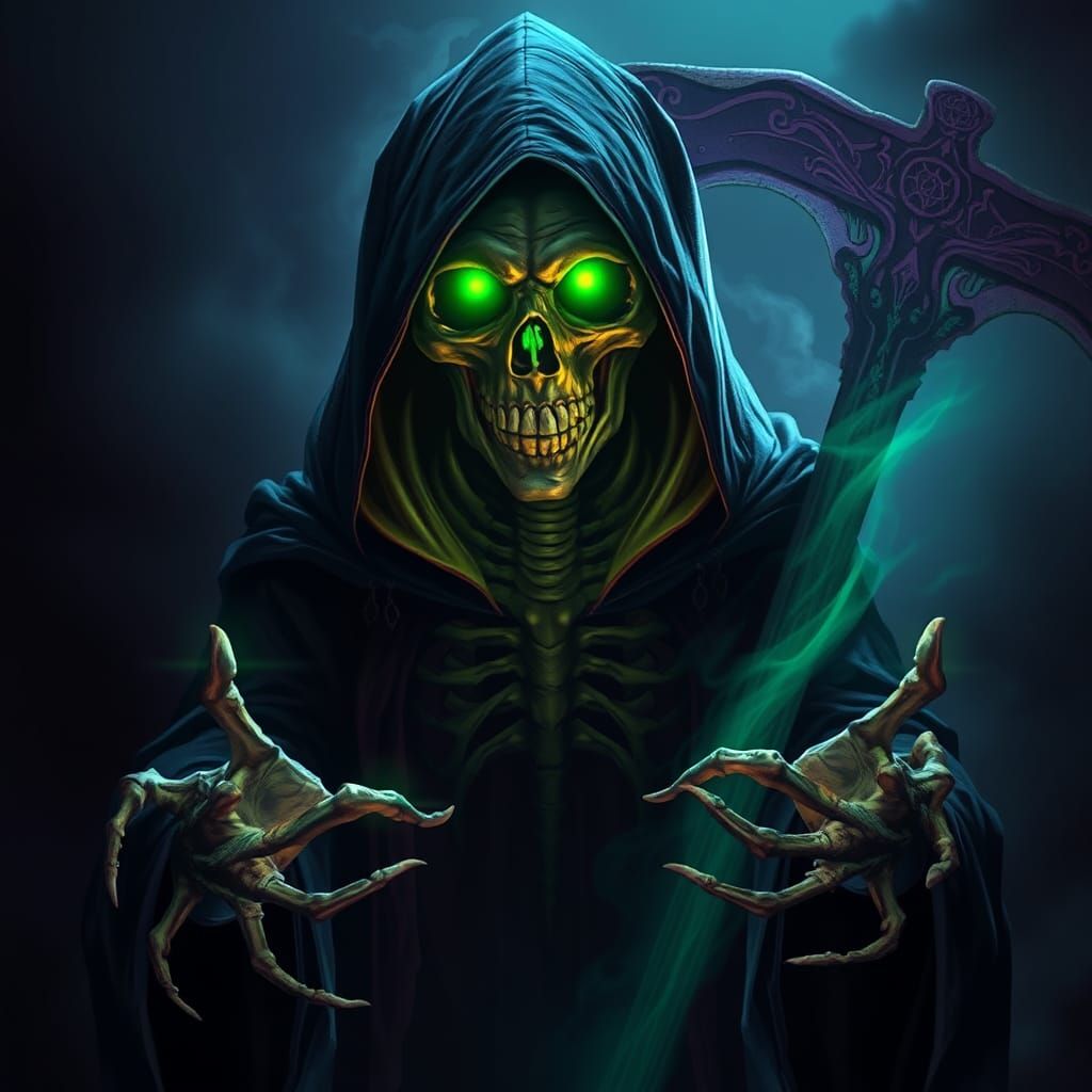 Ominous Grim Reaper with Glowing Eyes, Digital Art