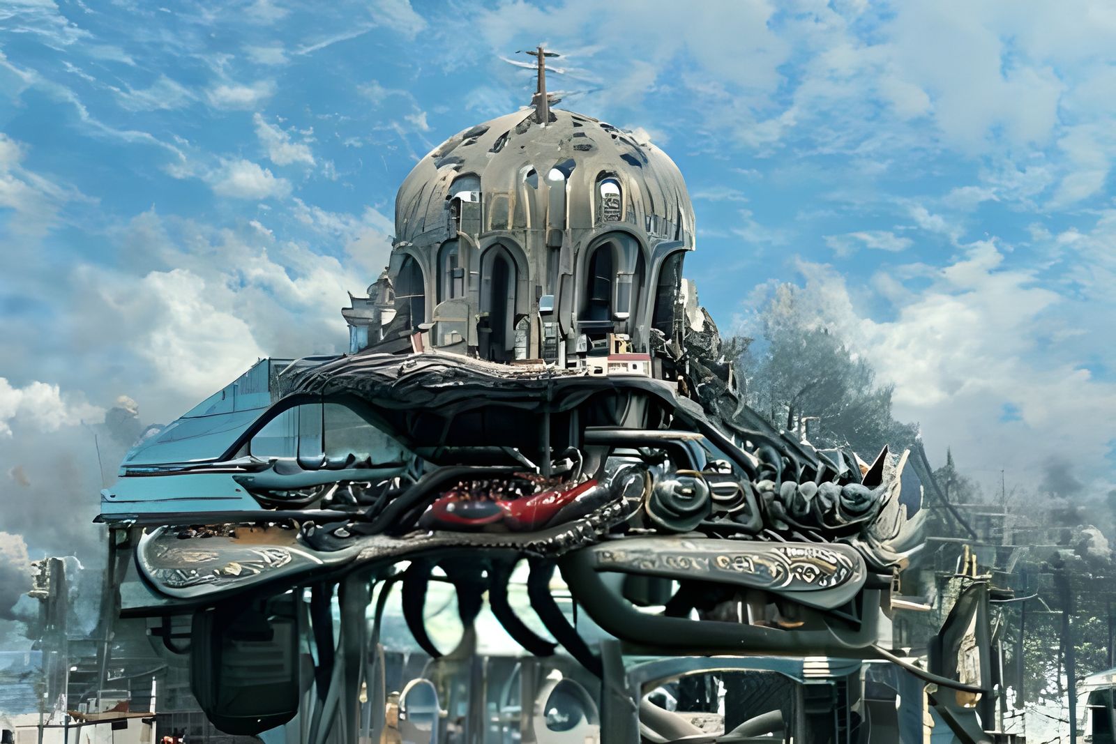 Neo-Futuristic Japanese Temple with Sunset and Portal