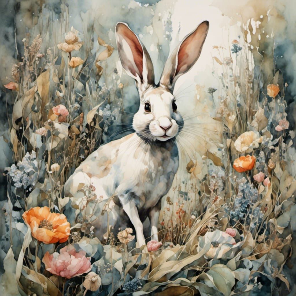 Mouse Gardener and Jackalope Rabbits in Watercolor