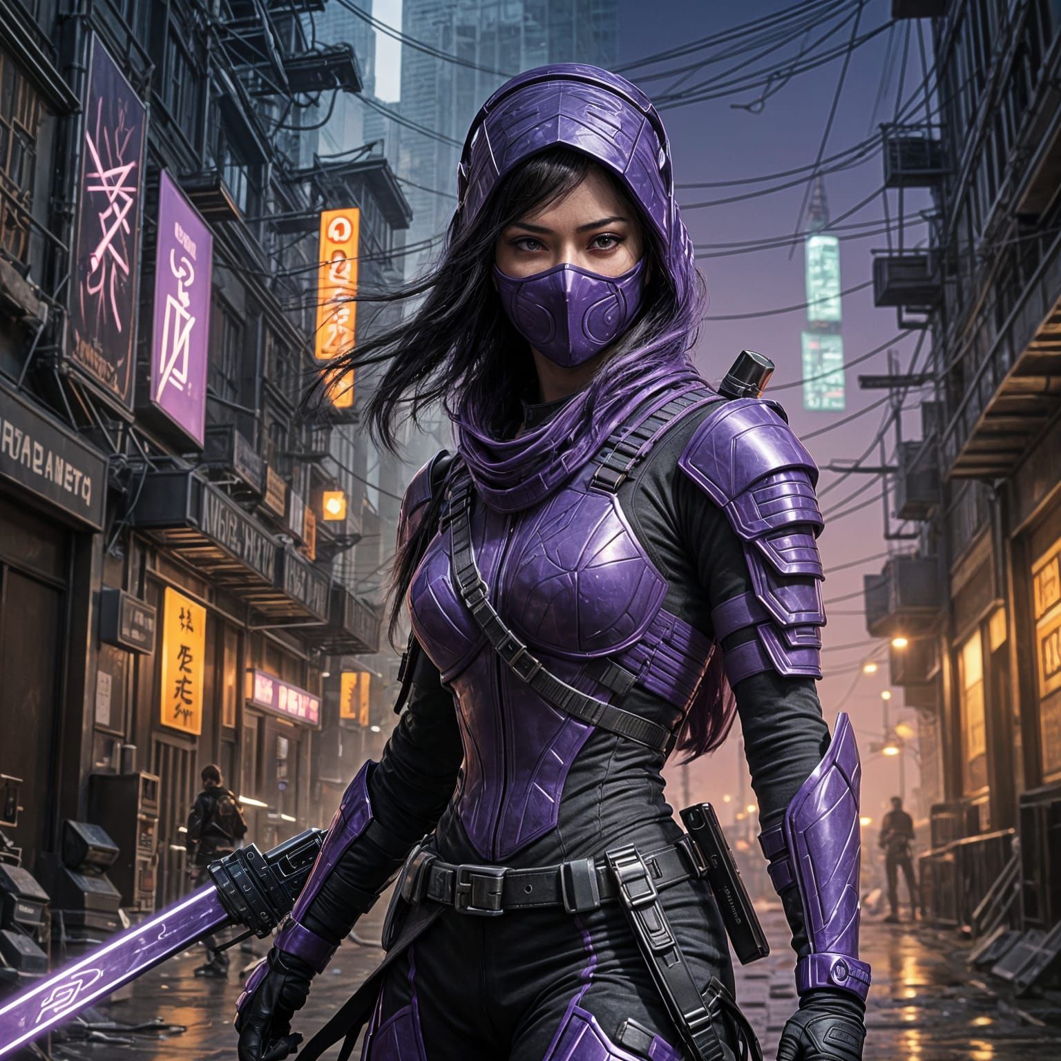 Hyperrealist Ninja Woman in Cyberpunk Attire