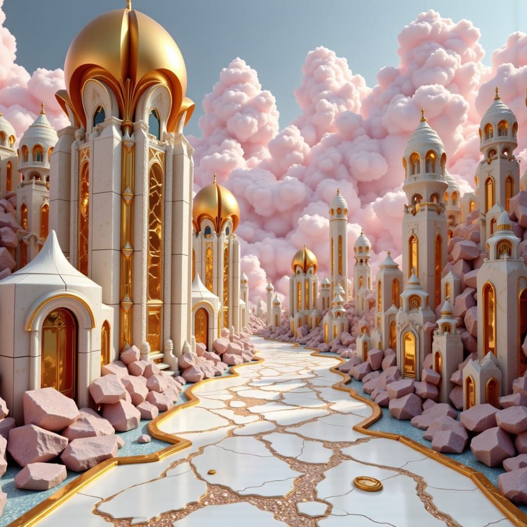 Futuristic Alien Architecture in Gold and Silver