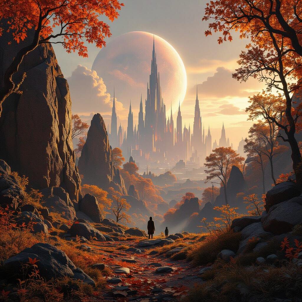 Alien Autumn Landscape with Gothic City