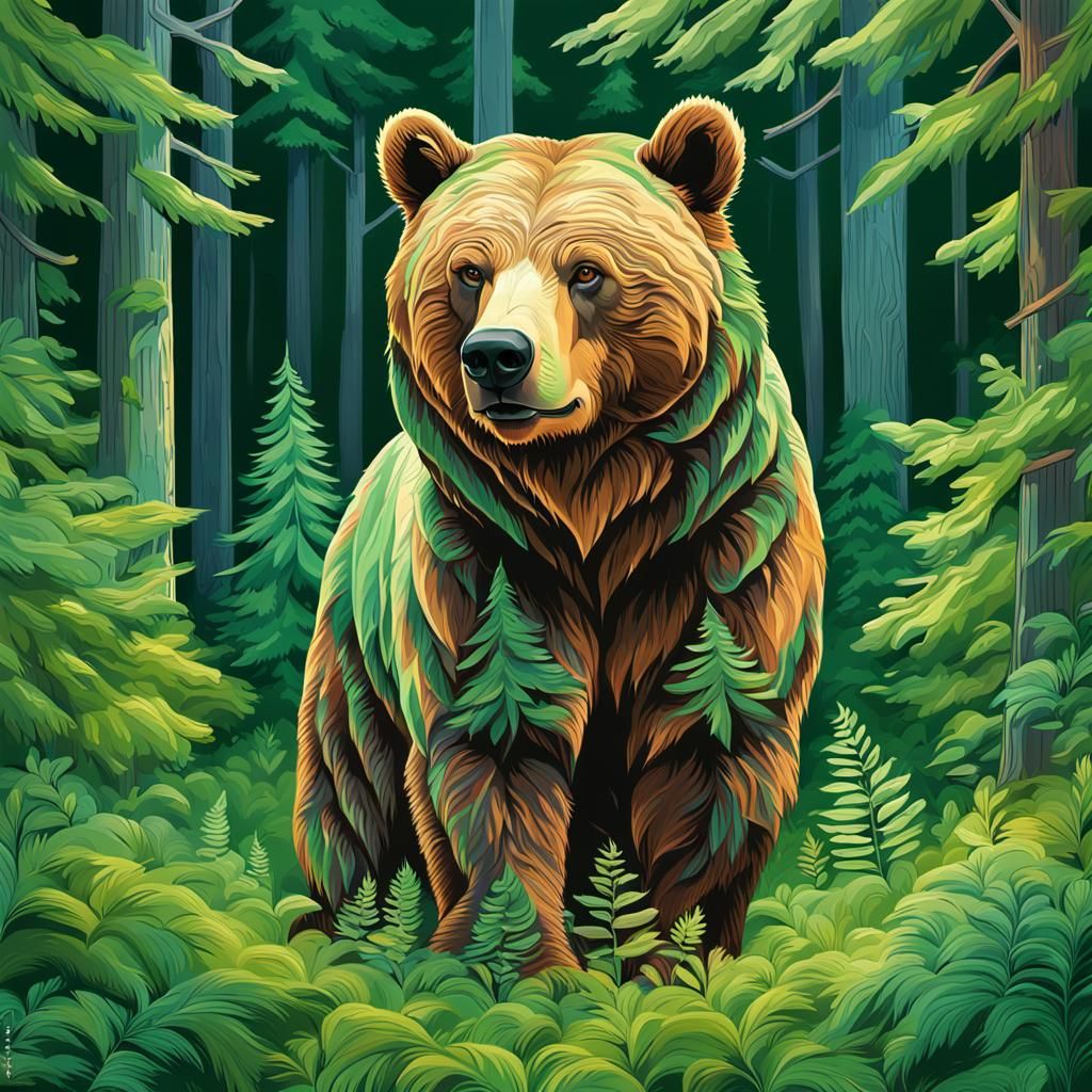 Hyperrealistic Grizzly Bear in Vibrant Green Forest