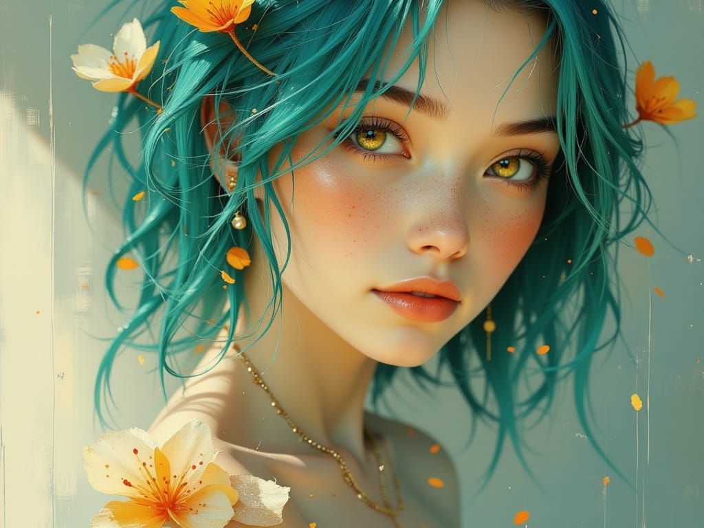 K-Pop Idol with Glowing Teal Hair and Floral Outfit