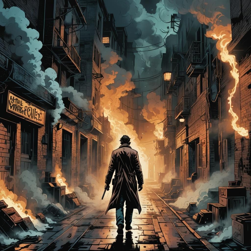 walking down a spooky alley, steam, smoke, space