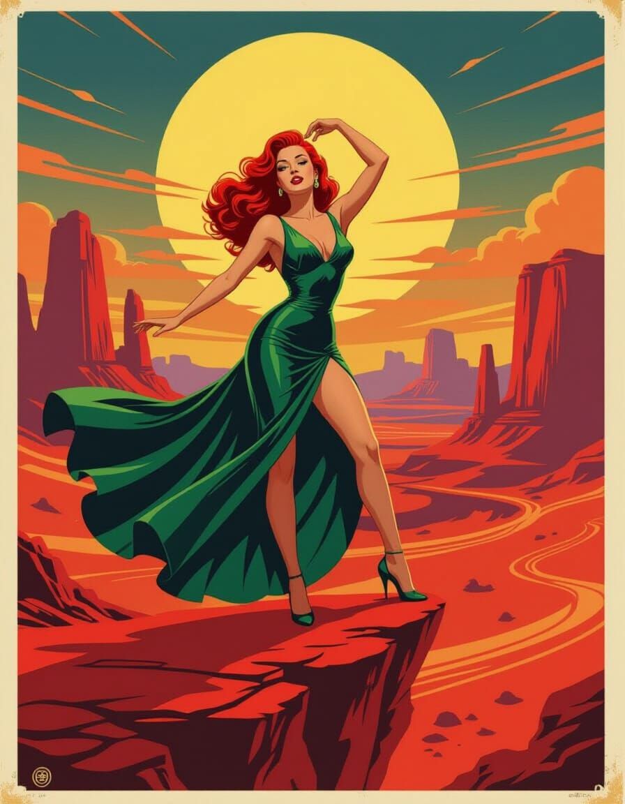 Retro Sci-Fi Pin-Up on Mars in Art Nouveau Style