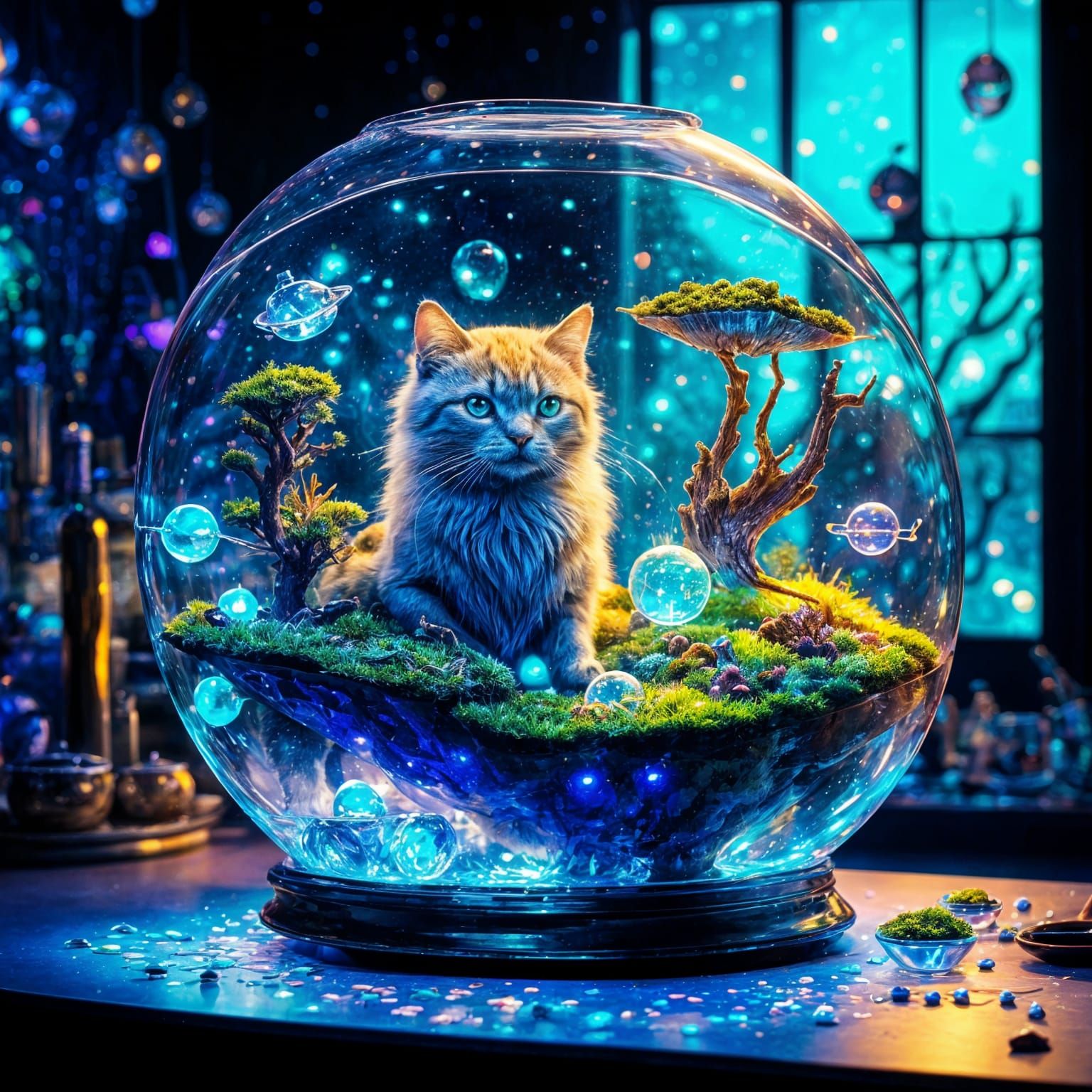 Futuristic Fishbowl with Holographic Kitties in Alien Kitche...