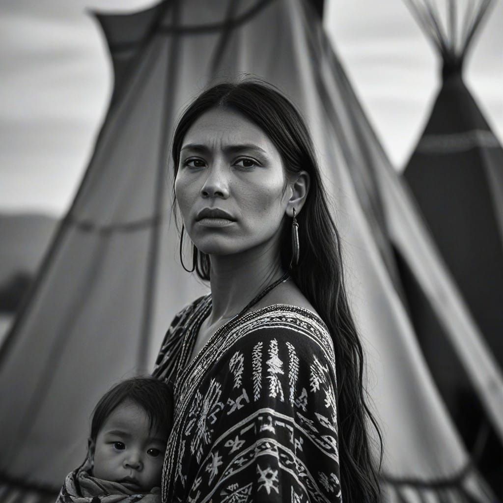 Serious Native American Squaw in Traditional Clothing, Close...