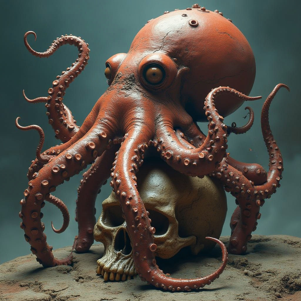 Enraged Octopus on Skull in Dark Biomechanical Style