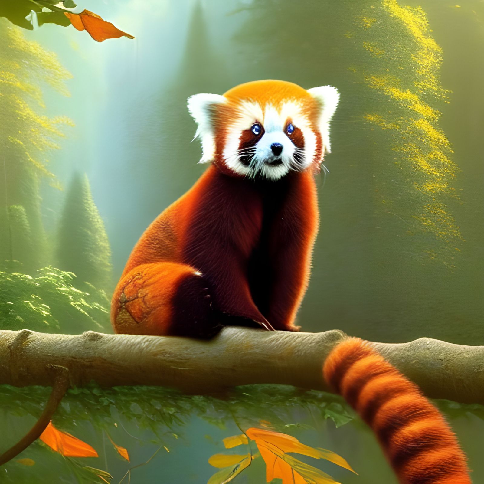 Red Panda in Forest Tree, Hyperdetailed Fantasy Art