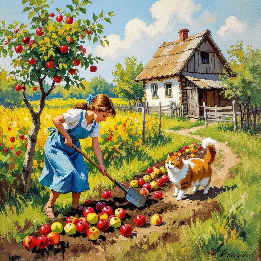 Idyllic Countryside Scene in Gouache Watercolor Style