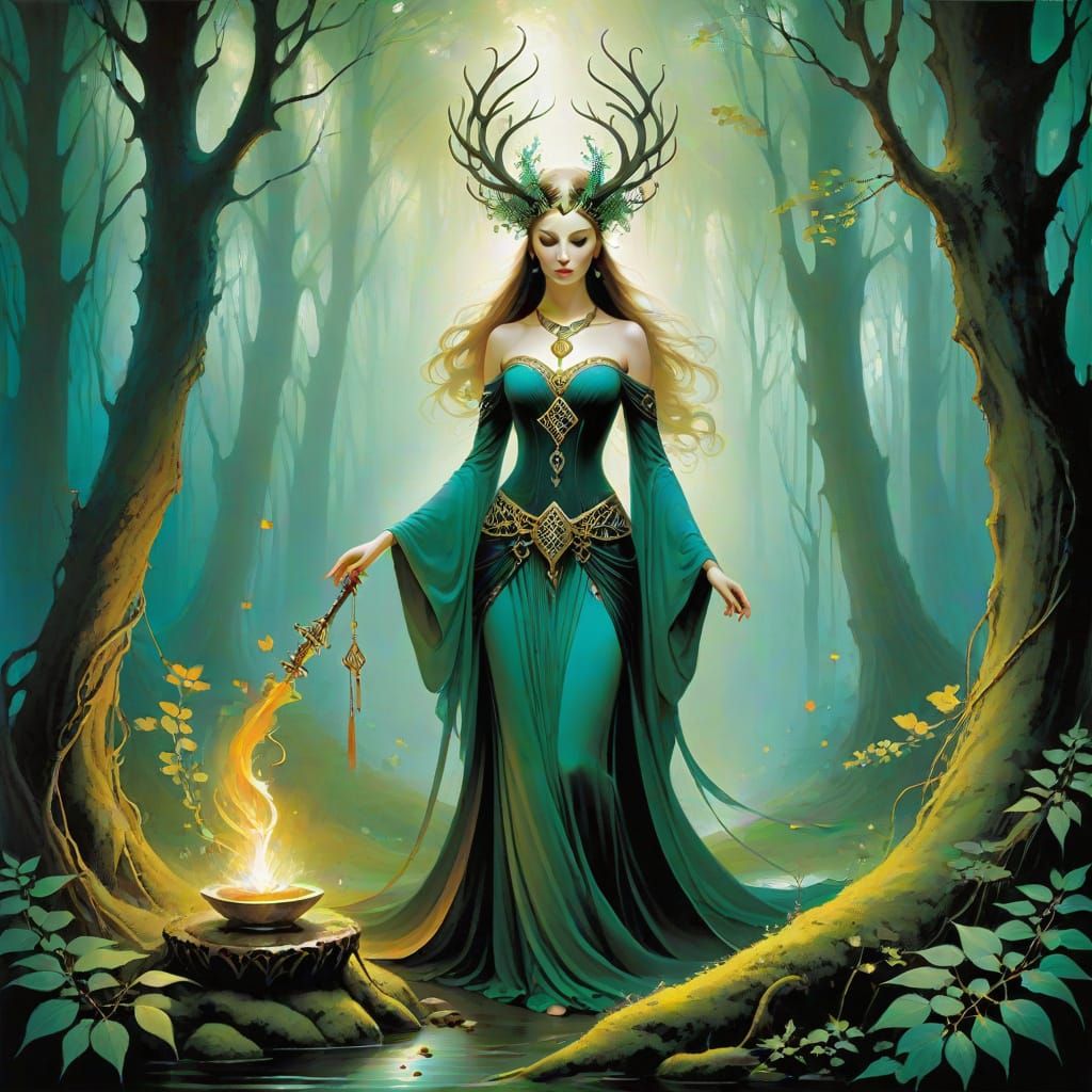 Mystical Celtic Goddess in Ethereal Forest