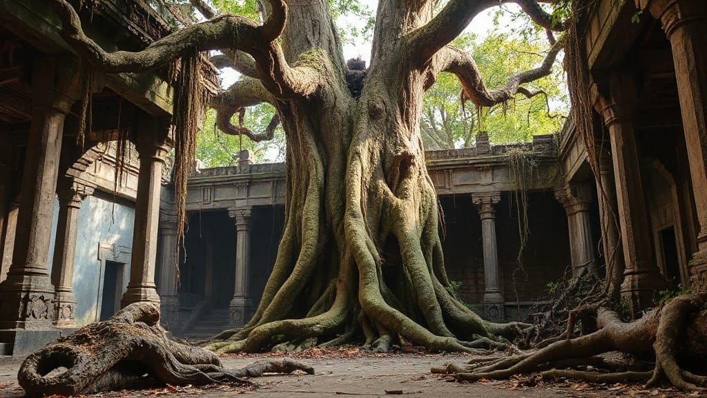 Abandoned Hindu Temple Reclaimed by Nature with Colossal Tre...