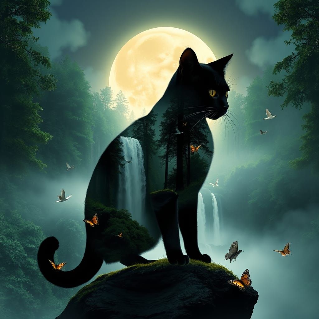 Mystical Black Cat Forest Silhouette in Double Exposure