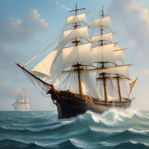 Sailing Ship on Rough Sea in Impressionist Style