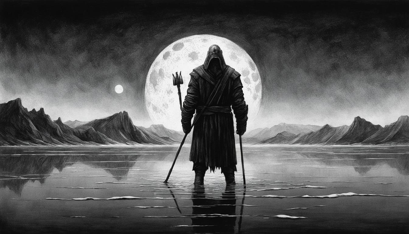 Mysterious Figure on a Frozen Lake Under a Haunting Lunar Sk...