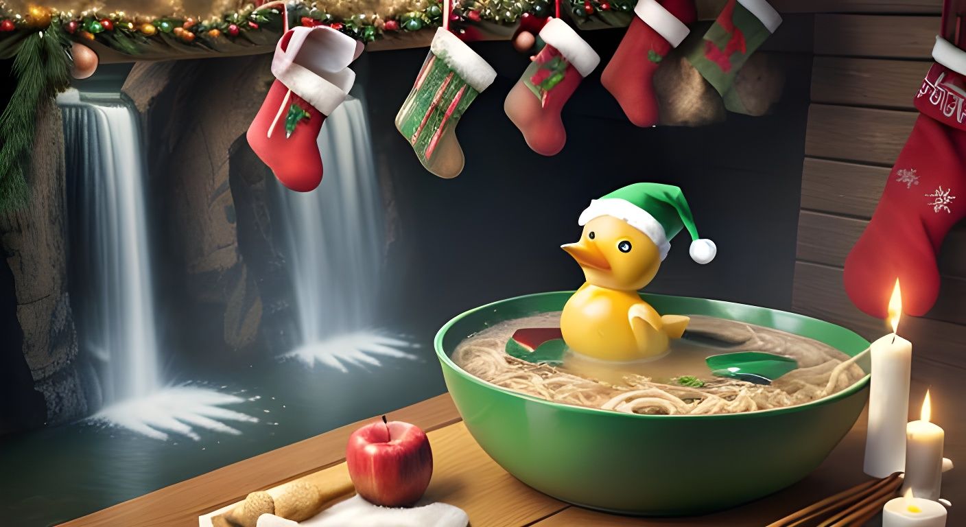 Waterfall Scene with Christmas Stockings and Ramen