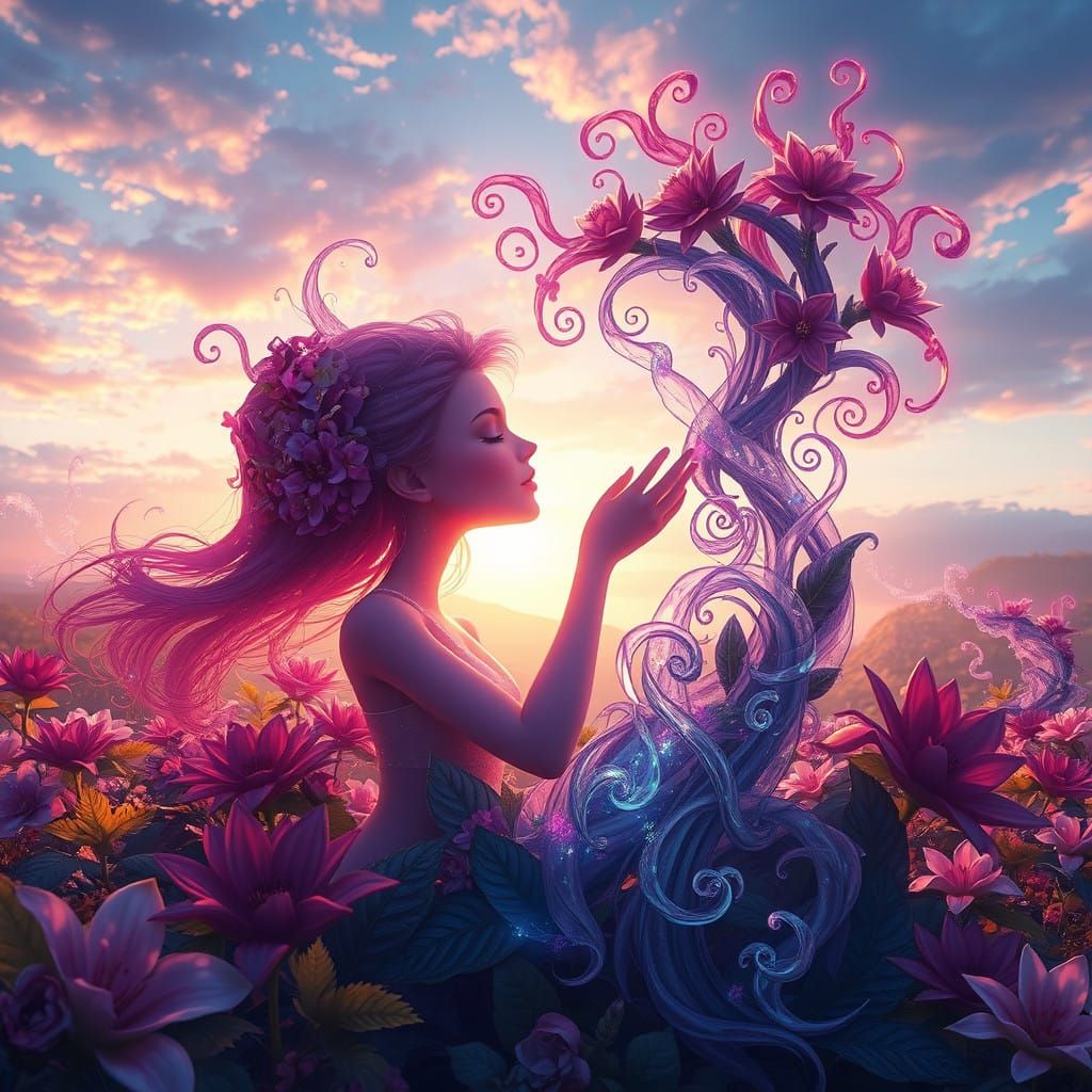 Surreal Love Blossoms in Vibrant, Ethereal Florid Landscape