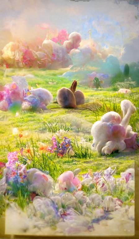 Fluffy Bunnies in Pastel Meadow, Vintage Photography