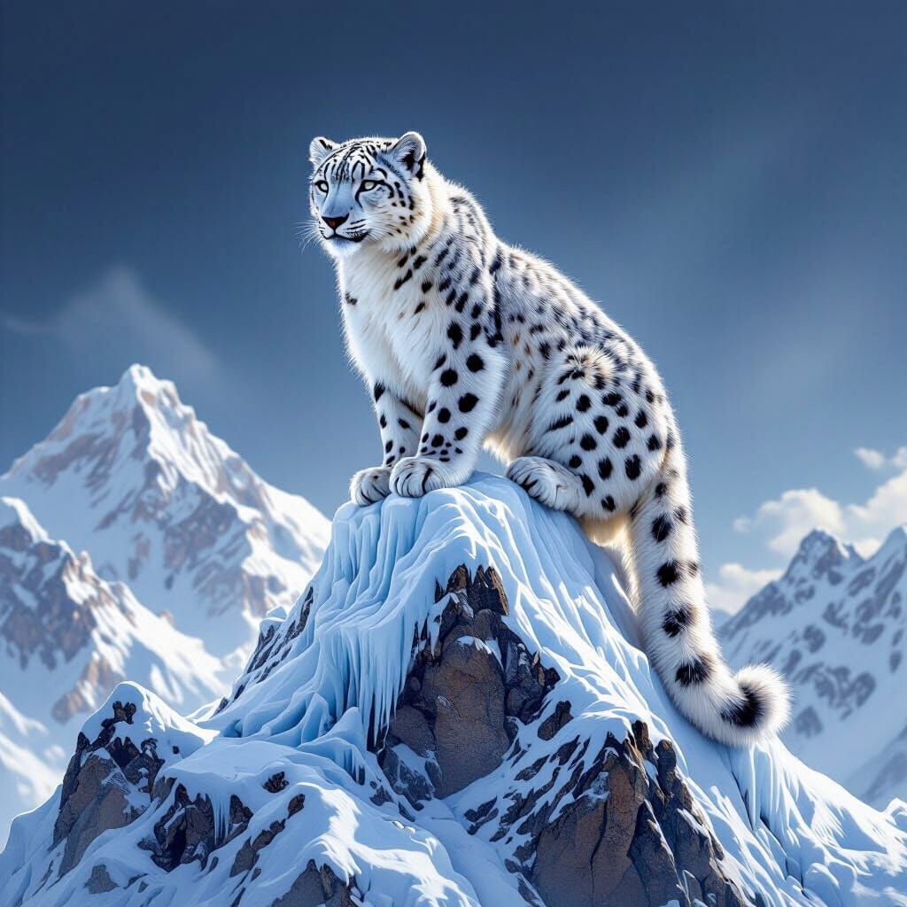 Snow Leopard Carving Ice Sculptures on Mountain Peak