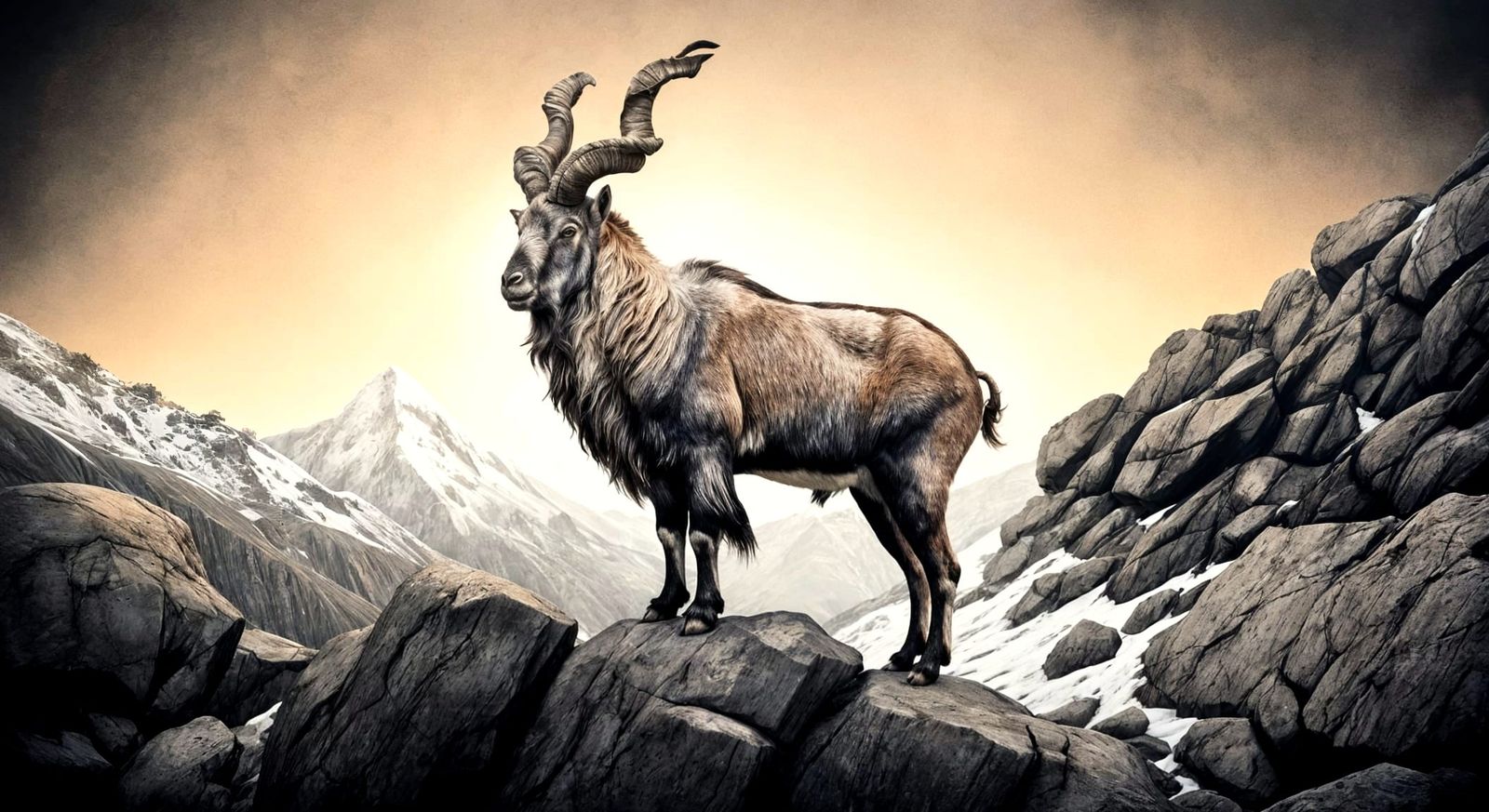 Majestic Markhor Mountain Goat in Dramatic Sunset