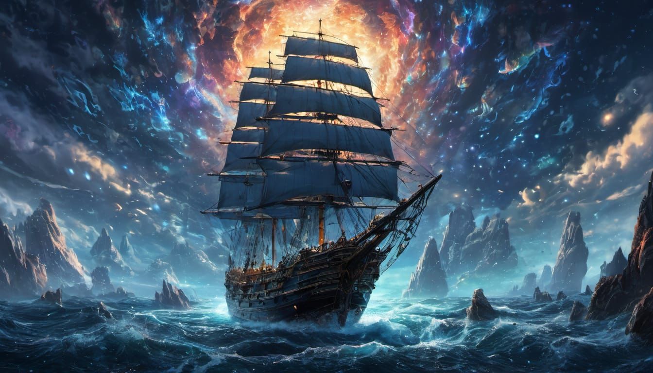 Burning Sailing Ship in Cosmic Ocean with Stars and Clouds