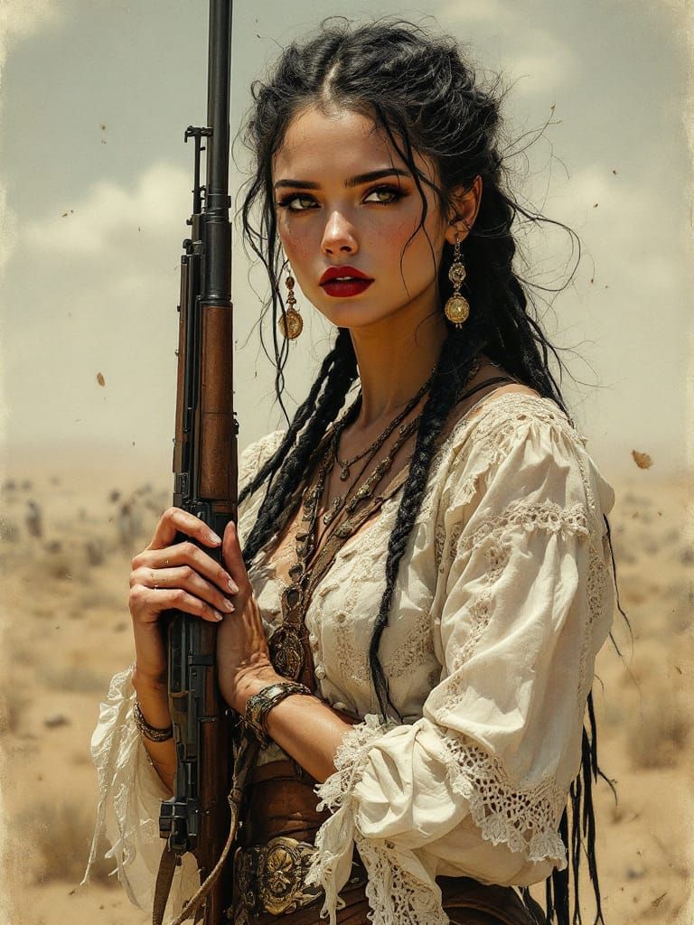 Fierce Frontier Woman in Sunlit Village Alley