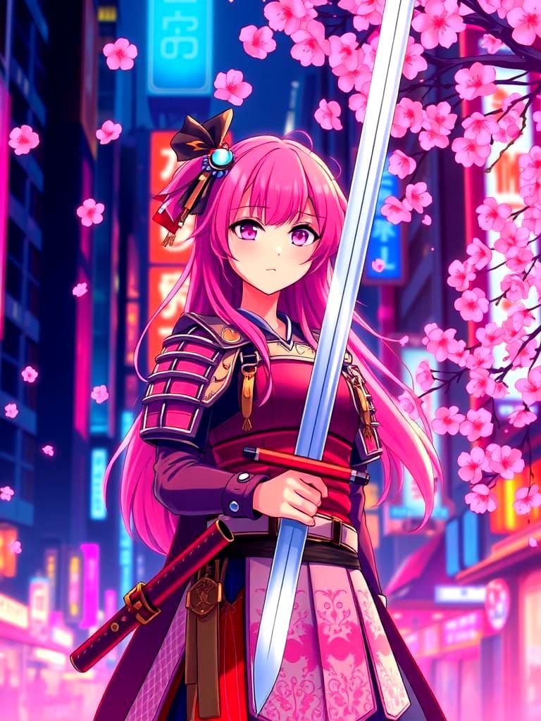 Pink-Haired Samurai in Neon City, Manga Style