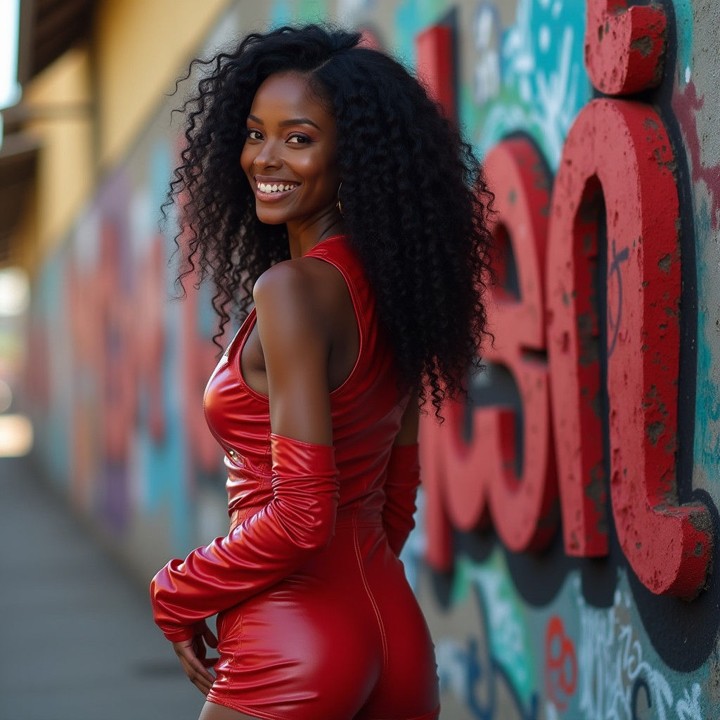 Woman in Red Leather Outfit in Urban Setting
