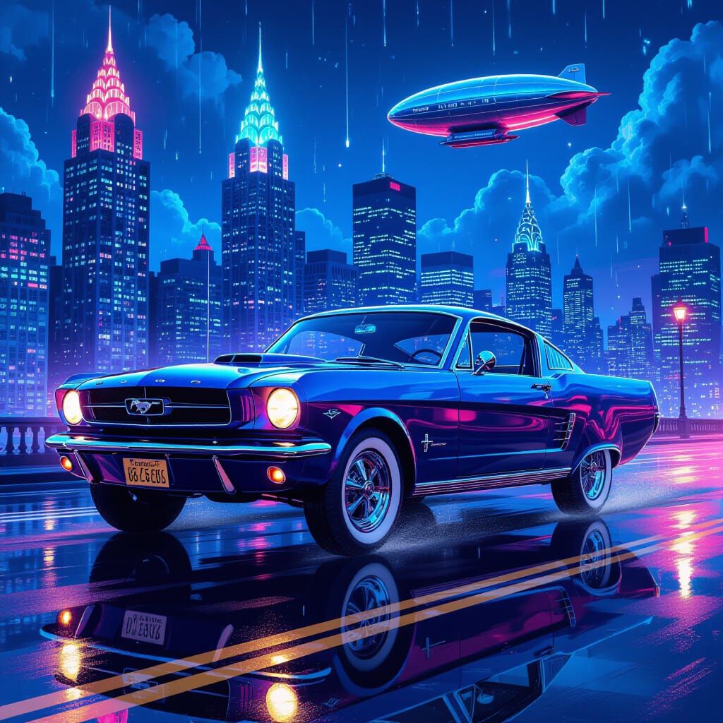 Retro-Futuristic Mustang Hovers in Neon Cityscape